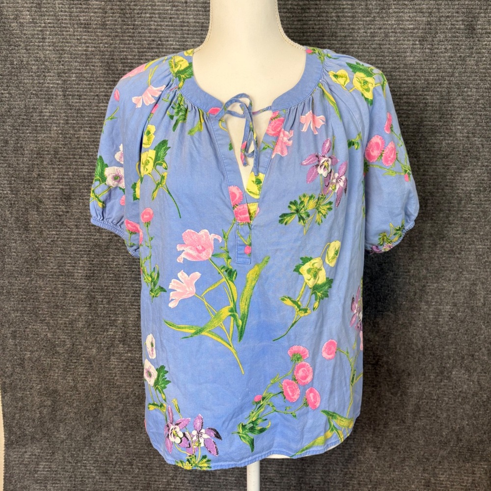 LOFT Floral Peasant Blouse Womens Medium Blue Puff Sleeve Tie Neck Cottagecore